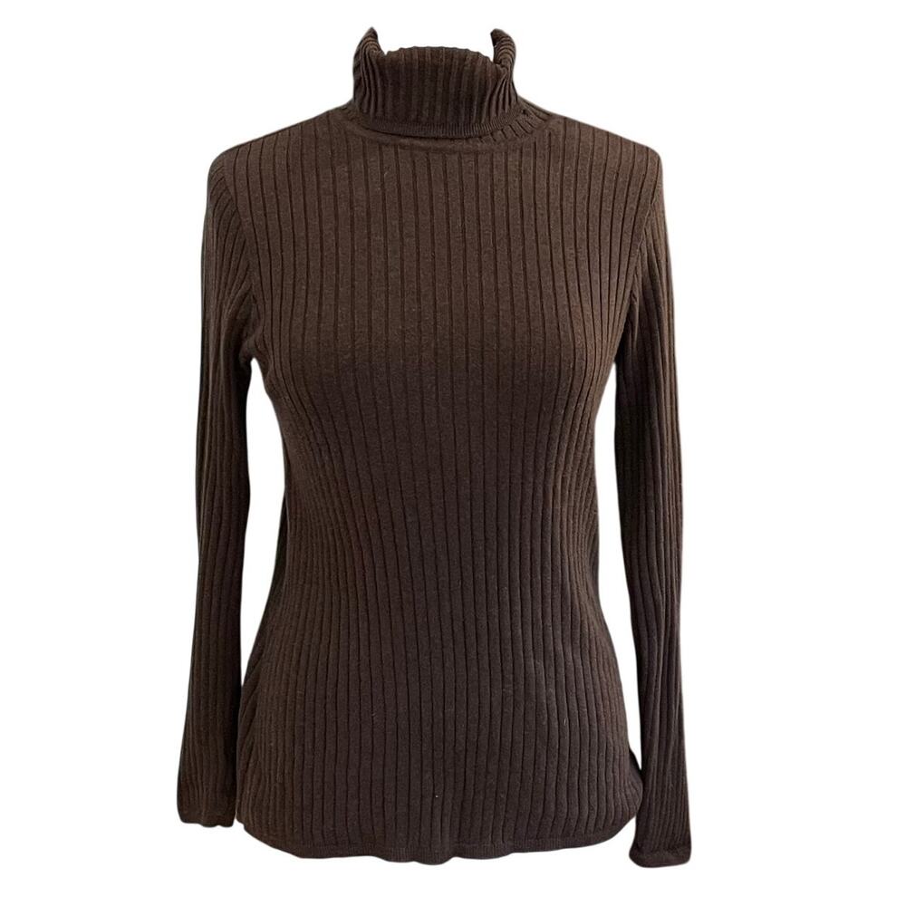 Peruvian Connection Chocolate Brown Long Sleeve Ribbed Turtleneck Sweater, M